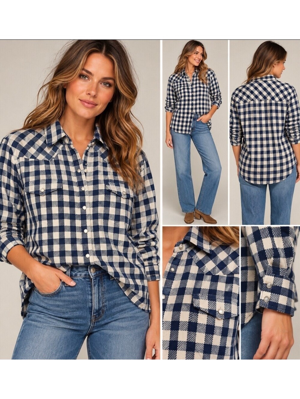 J.Crew Women’s 14 Buffalo Plaid Western Shirt Navy Ivory Pearl Snap Cotton